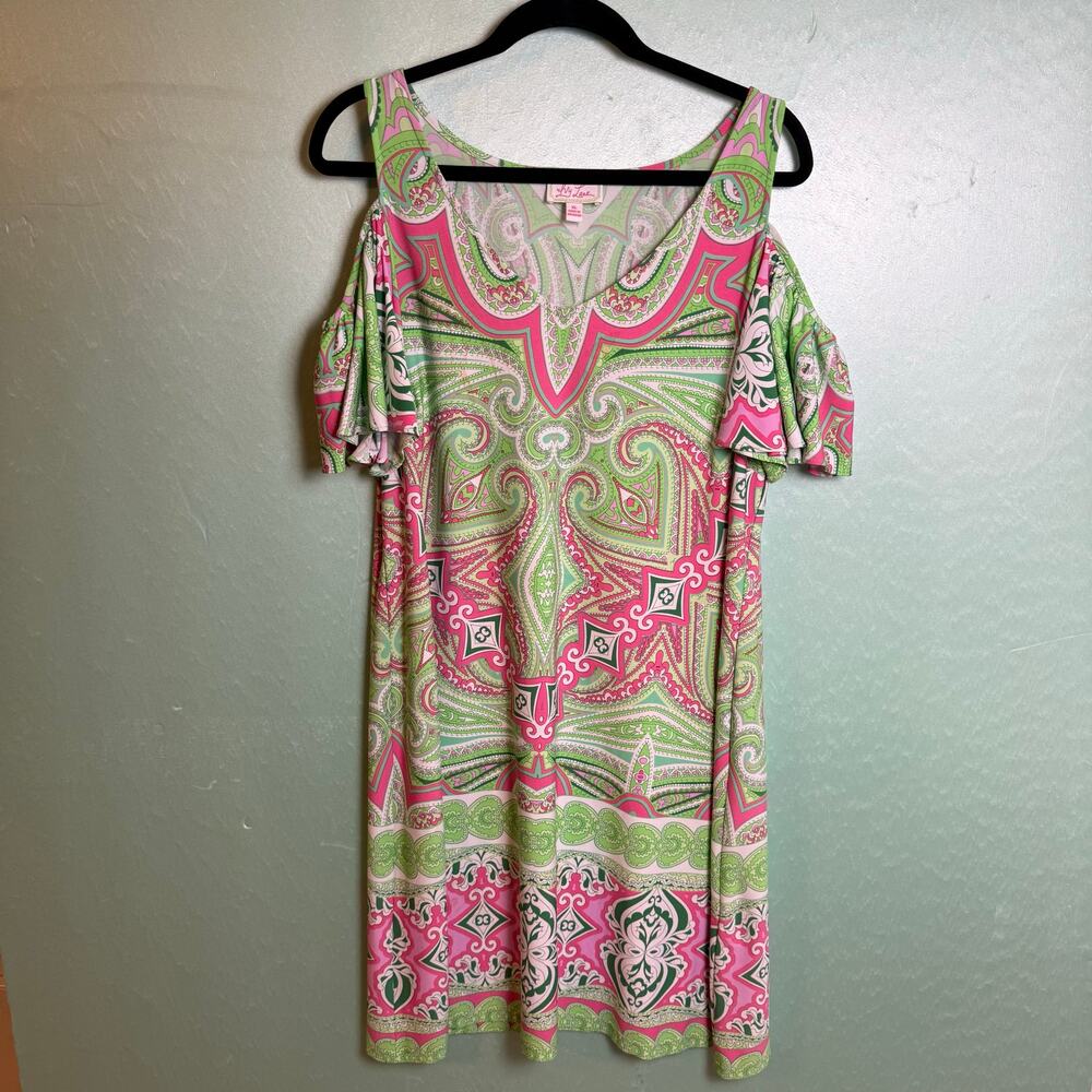 Ivy Lane Cold Shoulder Shift Dress Pink Green Paisley Women’s XL Boho Beach Vaca